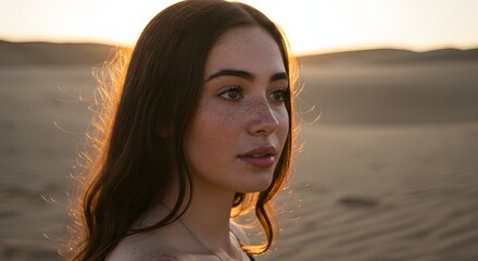 Woman with long brown hair, serene expression, desert sunset background