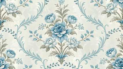 Fototapeta premium Blue and Gray Floral Wallpaper Pattern with Roses and Vines for Elegant Interior Decor or Textile Design