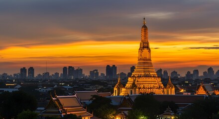 Naklejka premium Golden Sunset over Bangkok Temple and City Skyline