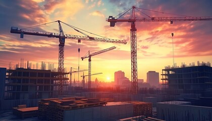 Construction Site at Sunset with Cranes and Buildings