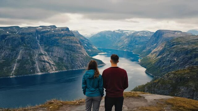 A couple standing on a mountain overlooking a lake. The man is wearing a red shirt and the woman is wearing a blue jacket. Scene is peaceful and romantic