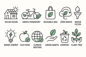 Eco-friendly icons: solar house, green transport, reusable bag, zero waste