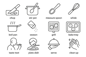 Culinary icons: cooking actions and kitchen tools illustrated in outline style