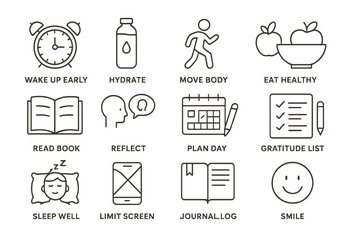 Daily wellness routine icons for healthy lifestyle and mindfulness practices