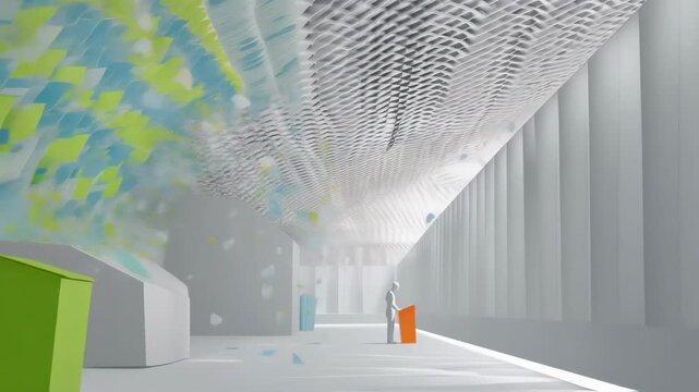 A futuristic skyscraper lobby equipped with a smart waste chute that utilizes computer vision demonstrating how nonrecyclables and recyclables are sorted by color and material as they