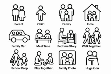 Simple family icon set depicting everyday activities and interactions