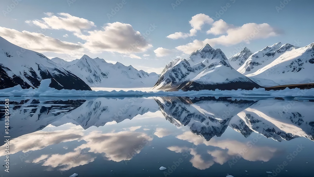Poster 晴れた日の氷の多い湖に反射する雪に覆われた山頂と青空の美しい風景 冬の自然の素晴らしい景色と観光スポット