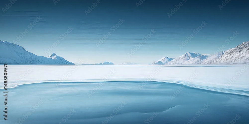 Aufkleber 雪に覆われた山々と氷の湖が広がる青空の下の冬の風景 雪山の眺望 静かな水面が反射する透明感のある氷の世界 冬季の山岳風景 極寒の地の自然美