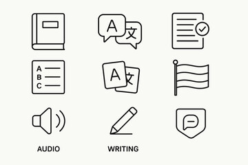 Language learning icons: book, speech bubbles, audio, writing tools, checklist, flag