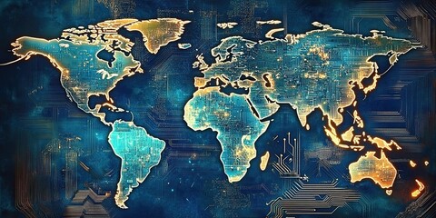 Digital World Map with Circuit Board Design