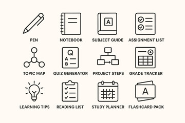 Educational icons: notebook, quiz generator, study planner for effective learning
