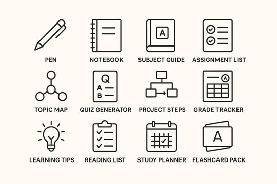 Educational icons: notebook, quiz generator, study planner for effective learning
