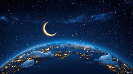 Earth at Night Crescent Moon Starry Sky Wallpaper