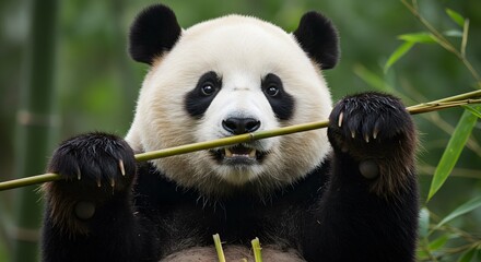 Fototapeta premium Giant Panda Eating Bamboo Portrait