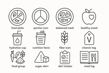 Food and nutrition icons: healthy eating, hydration, food plate, vitamin tag, balanced meal