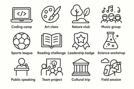 Educational activities icons featuring coding, art, nature, and more