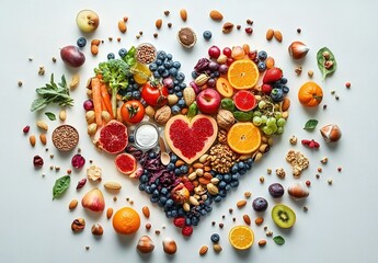 Heart-Shaped Arrangement of Fruits, Vegetables, and Nuts