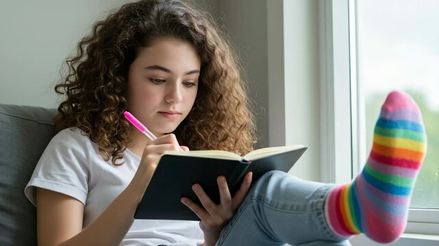Teen Girl Writing in Diary by Window Wearing Rainbow Socks &ndash; LGBTQ+ Youth Concept