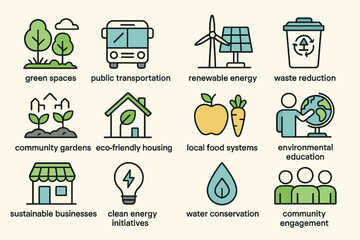 Sustainable urban initiatives and eco-friendly community development icons