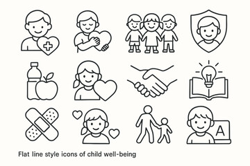 Child well-being icons: education, health, safety, nutrition, empathy