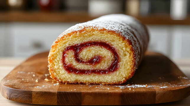 A delicate Brazo de Gitano, Swiss Roll Cake, filled with sweet jam and rolled perfectly, served on a traditional wooden plate