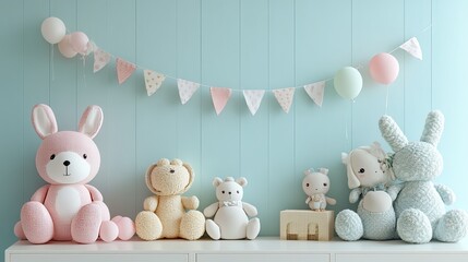 Baby kid's room wall decoration with cute toys and dolls, nursery design, 3D rendering idea.