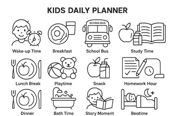 Kids daily planner icon set: routine schedule with activities and symbols