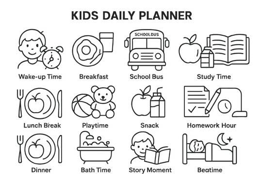Kids daily planner icon set: routine schedule with activities and symbols