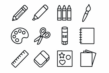Outline icons of art and craft supplies: pencils, paintbrush, crayons, glue, scissors, ruler, eraser