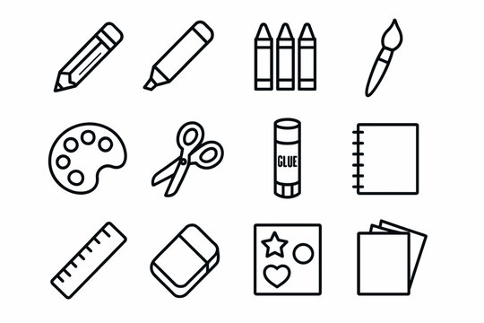 Outline icons of art and craft supplies: pencils, paintbrush, crayons, glue, scissors, ruler, eraser