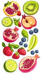 Vibrant fruit and vegetable mix.  A colorful display of fresh fruits and vegetables, sliced and arranged in a vertical composition