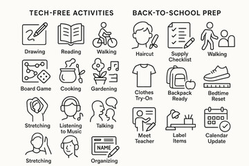 Tech-free activities and back-to-school prep with simple icons