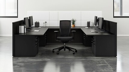 High contrast monochrome office space featuring black matte desk white acoustic wall panel polished concrete floor sophisticated setting creates striking visual impact while maintaining professional