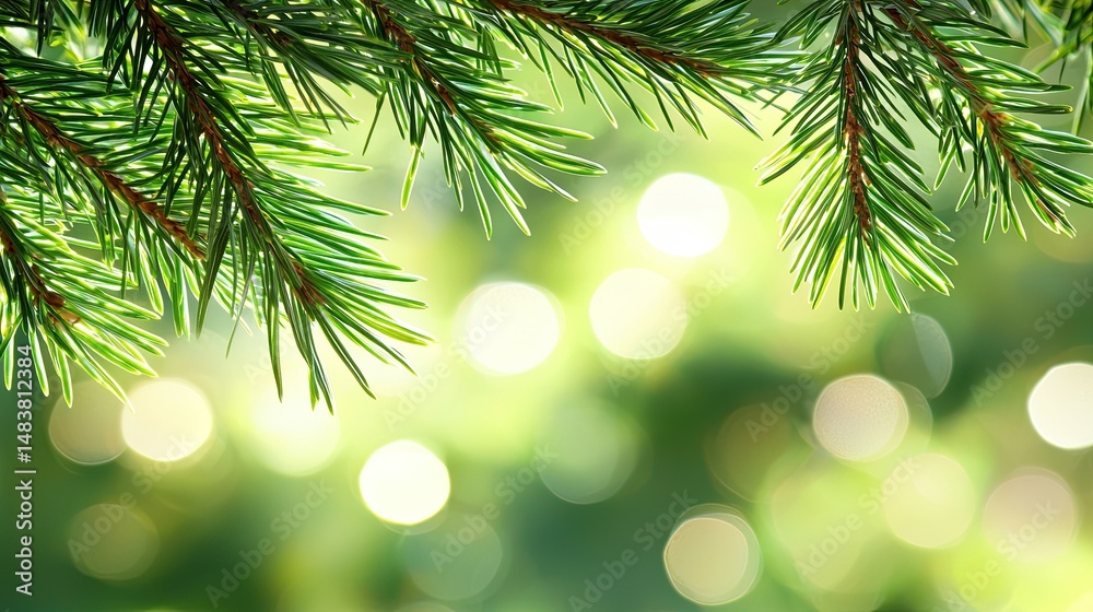 Aufkleber lush green pine branches against a soft bokeh background