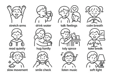 Simple illustrations of daily relaxation and mindfulness activities for children