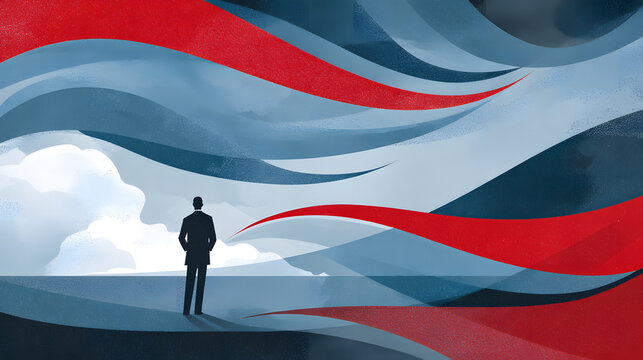 Businessman looking at abstract red and blue flag in the sky, minimalist patriotic illustration, textured vector background for editorial design or national identity themes