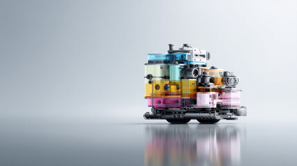 Fototapeta premium Modern robotic device in vibrant colors reflecting on a smooth surface.