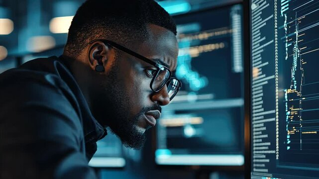 A man wearing glasses is looking at a computer screen with a frown on his face. He is focused on the screen, possibly working on a project or dealing with a problem