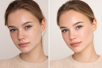 Real woman face transformation before and after cosmetic enhancement.