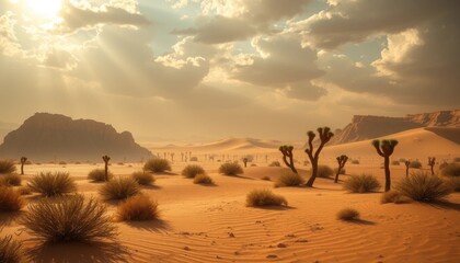 Golden Desert: Joshua Trees and Sand Dunes under Cloudy Skies