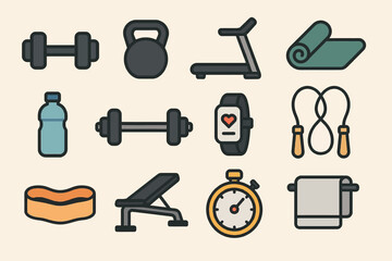 Obraz premium Fitness icons: dumbbell, kettlebell, treadmill, yoga mat, jump rope, stopwatch
