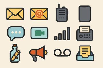 Colorful communication icons set featuring email, messaging, and broadcasting symbols