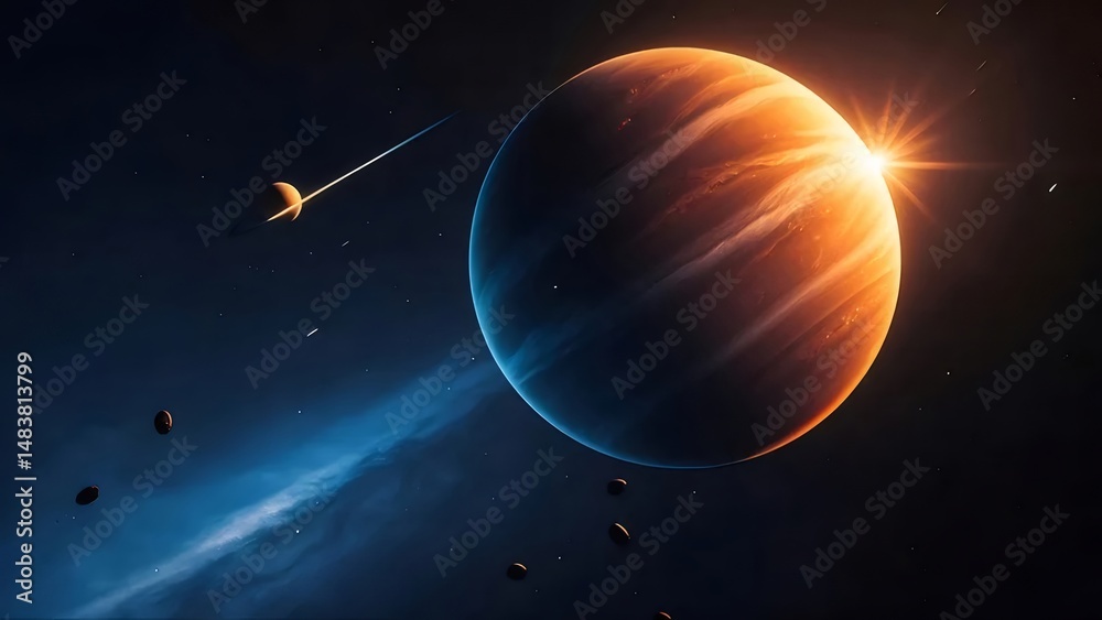 Poster オレンジと青の縞模様の巨大な惑星と星の太陽光が宇宙に輝く、鮮やかな宇宙の背景