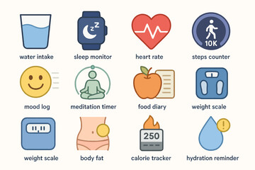 Health and fitness tracker icons: sleep, exercise, nutrition, hydration, and meditation