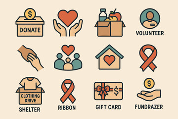 Charity icons set including volunteer, donate, shelter, ribbon, and fundraiser symbols