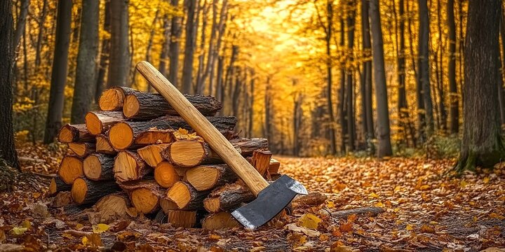 An axe leaning against a stack of firewood in an autumn forest