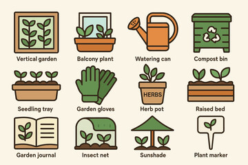 Gardening essentials icon set: tools, plants, and accessories
