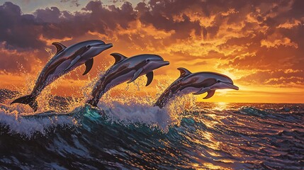 Fototapeta premium Sunset Dolphins Illustration: Ocean Wildlife Jumping
