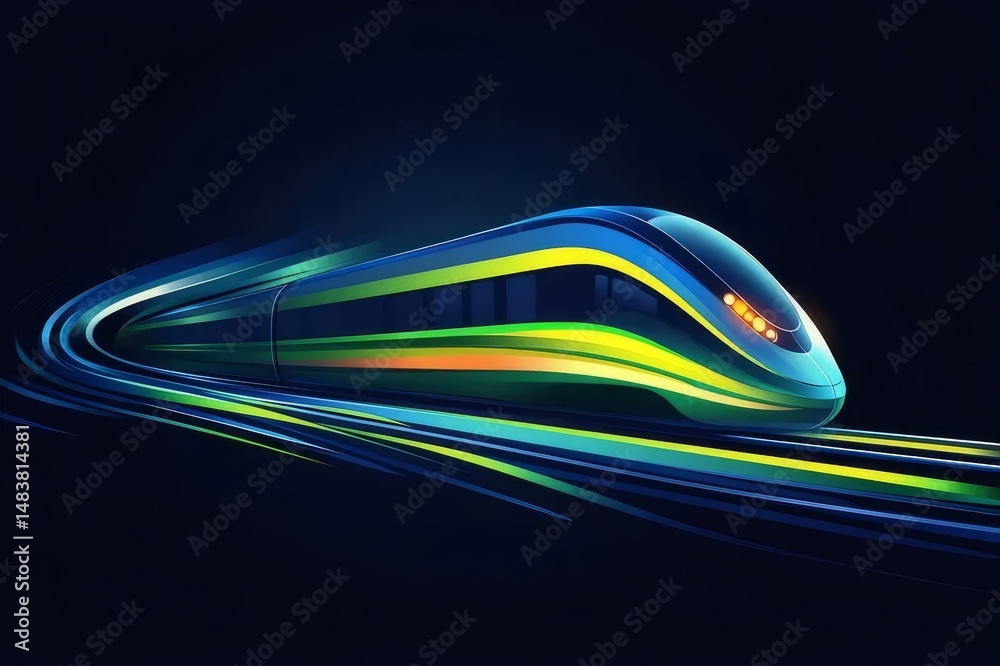 Poster 未来的な青と緑の高速列車が暗い背景に光跡を残して進む様子