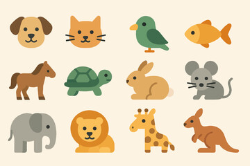 Naklejka premium Colorful cartoon animals: dog, cat, bird, fish, horse, turtle, rabbit, mouse, elephant, lion, giraffe, kangaroo